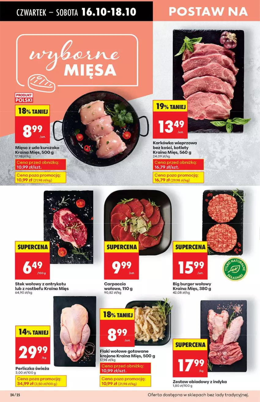 Gazetka promocyjna Biedronka - Od Czwartku 16.10 - ważna 16.10 do 22.10.2025 - strona 24 - produkty: Burger, Carpaccio, Flaki, Flaki wołowe, Karkówka wieprzowa, Kotlet, Kurczak, Mięso, Mięso z uda kurczaka, Perliczka, Rostbef, Stek, Stek wołowy