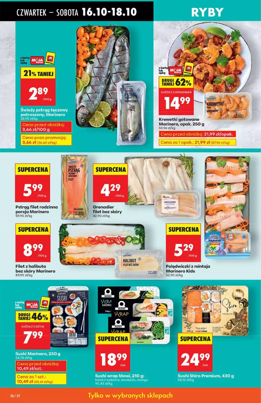Gazetka promocyjna Biedronka - Od Czwartku 16.10 - ważna 16.10 do 22.10.2025 - strona 26 - produkty: Grenadier, Halibut, Krewetki, Mintaj, Por, Pstrąg