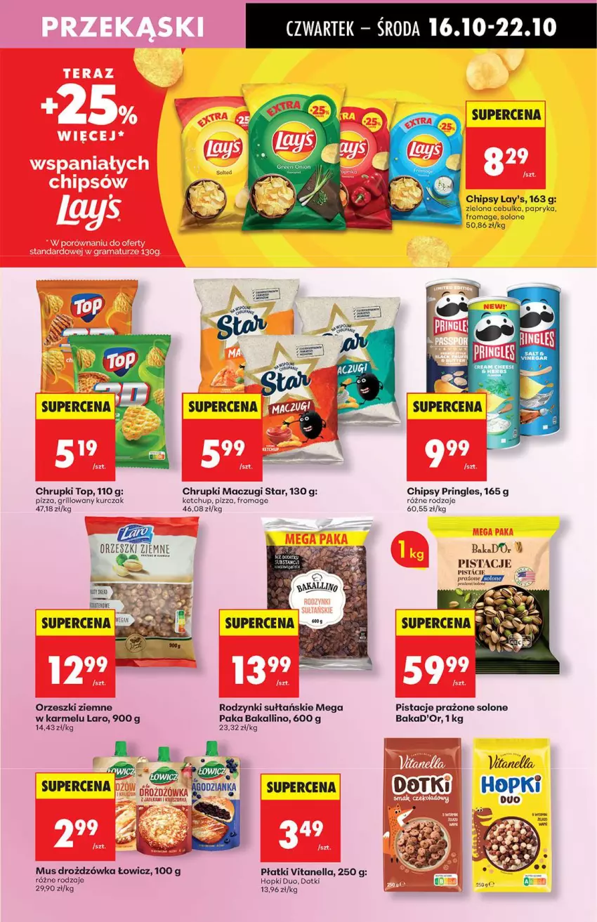 Gazetka promocyjna Biedronka - Od Czwartku 16.10 - ważna 16.10 do 22.10.2025 - strona 47 - produkty: Chipsy, Chrupki, Grill, Ketchup, Kurczak, Mus, Orzeszki, Orzeszki ziemne, Papryka, Pistacje, Pizza, Por, Pringles, Rodzynki, Top