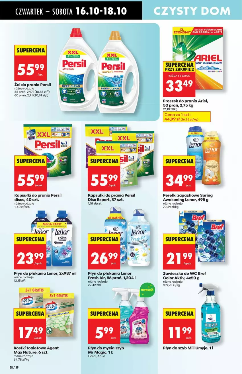 Gazetka promocyjna Biedronka - Od Czwartku 16.10 - ważna 16.10 do 22.10.2025 - strona 58 - produkty: Ariel, Bref, Fa, Flora, Gra, Kapsułki do prania, Lenor, Perełki zapachowe, Persil, Płyn do mycia, Płyn do płukania, Płyn do szyb, Proszek do prania, Zawieszka do wc