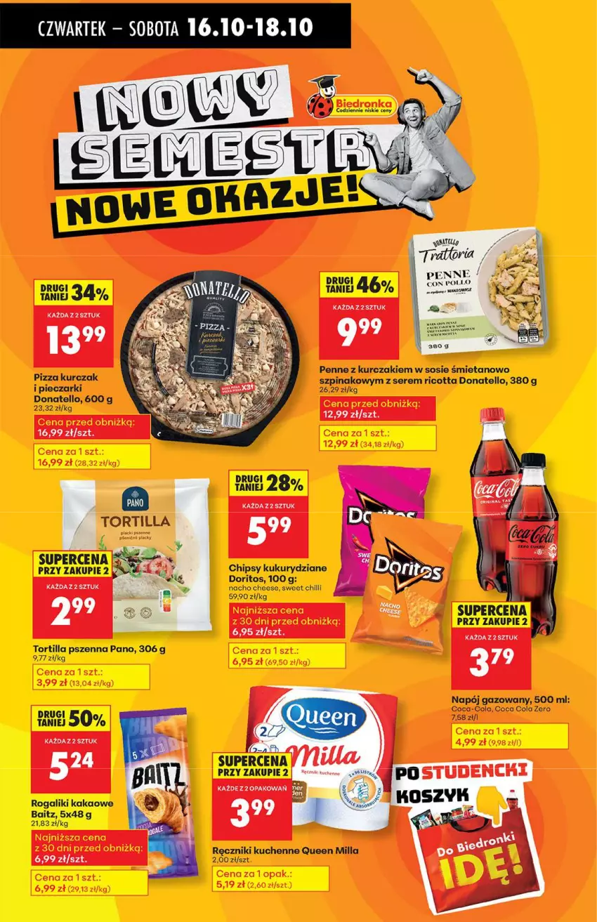 Gazetka promocyjna Biedronka - Od Czwartku 16.10 - ważna 16.10 do 22.10.2025 - strona 70 - produkty: Chipsy, Coca-Cola, Kakao, Kurczak, Napój, Napój gazowany, Penne, Piec, Pizza, Ręcznik, Ricotta, Rogal, Ser, Sos, Szpinak, Tortilla
