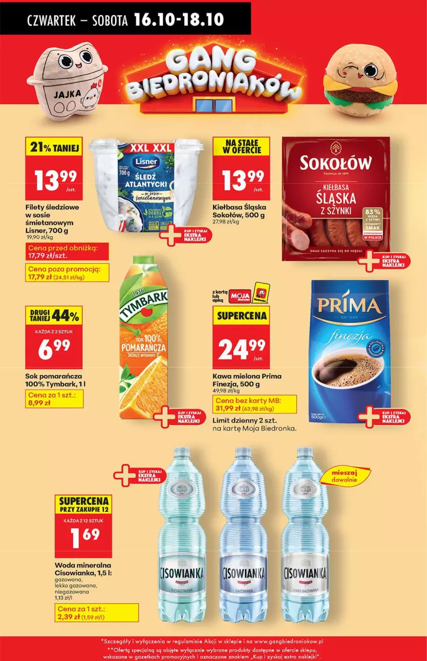 Gazetka promocyjna Biedronka - Od Czwartku 16.10 - ważna 16.10 do 22.10.2025 - strona 71 - produkty: Cisowianka, Kawa, Kawa mielona, Kiełbasa, Kiełbasa śląska, Lisner, Prima, Sok, Sokołów, Sos, Tymbark, Woda, Woda mineralna