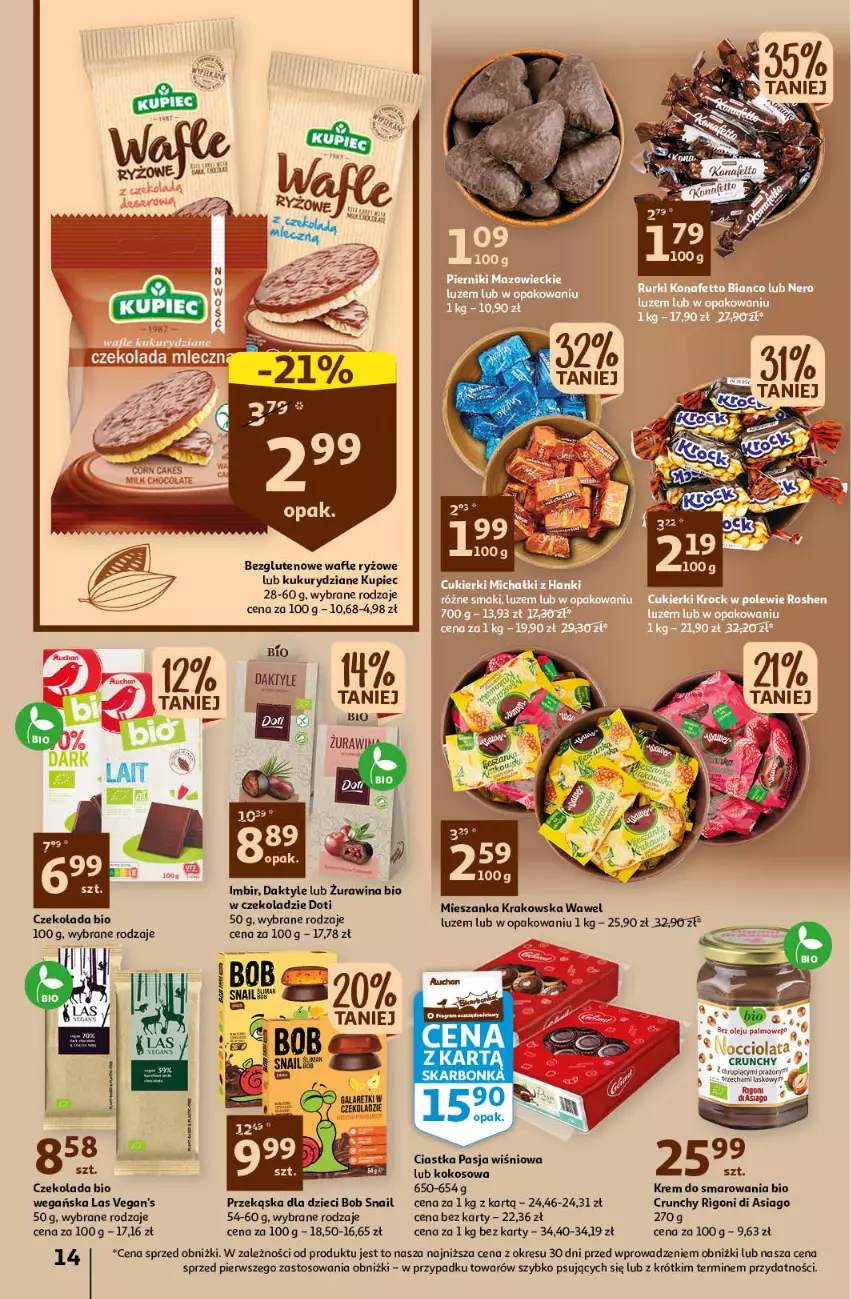 Gazetka promocyjna Auchan - Gazetka Oferta Rewelacyjne słodkości Hipermarket Auchan - ważna 16.03 do 22.03.2023 - strona 14 - produkty: Ciastka, Czekolada, Daktyle, Dzieci, Imbir, Kokos, Kupiec, O nas, Piec, Ryż, Wafle, Wawel