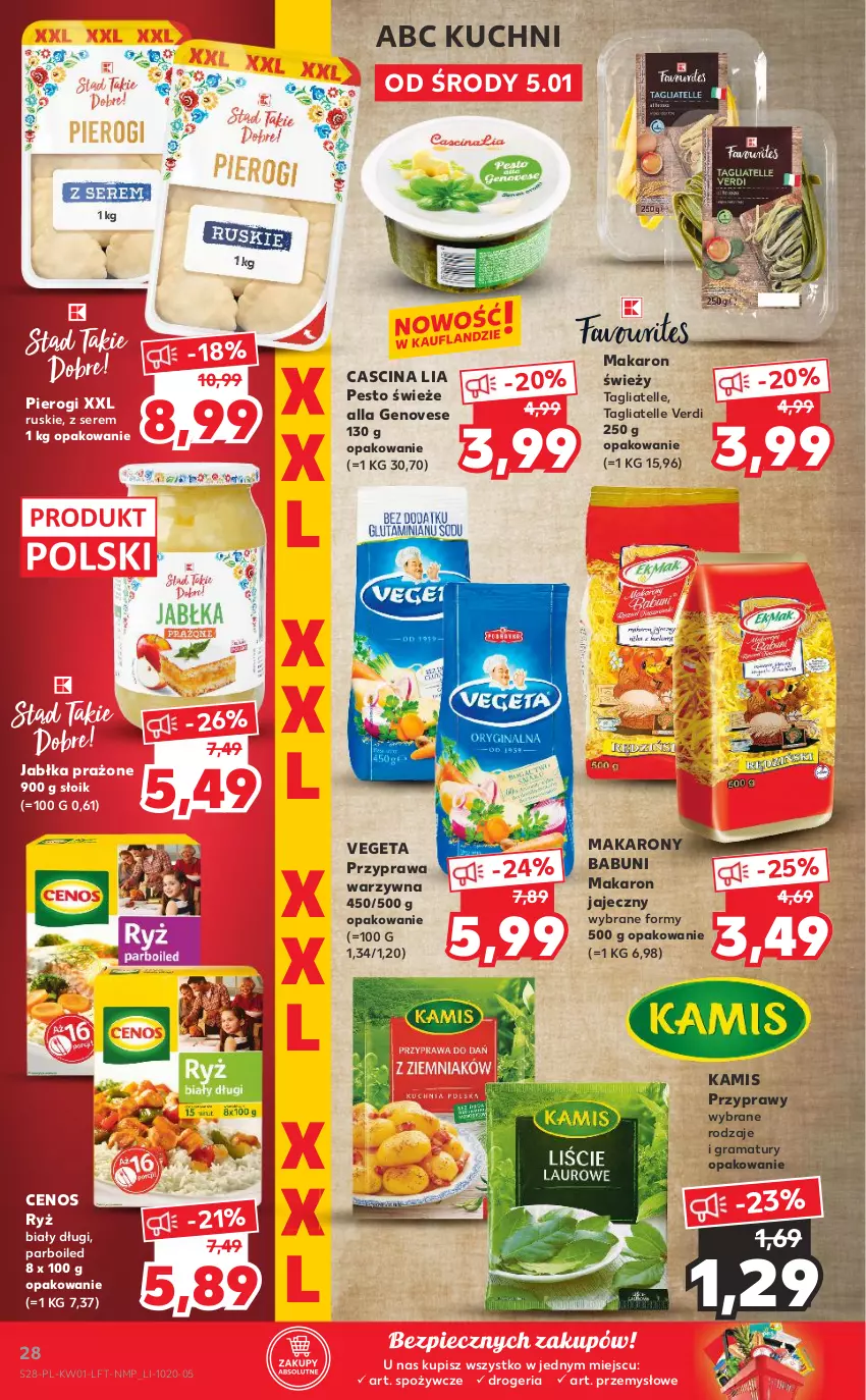 Gazetka promocyjna Kaufland - OFERTA TYGODNIA - ważna 05.01 do 12.01.2022 - strona 28 - produkty: Babuni, Cenos, Gra, Jabłka, Jabłka prażone, Kamis, Makaron, Pesto, Piec, Pierogi, Przyprawy, Rama, Ryż, Ryż biały, Ser, Tagliatelle, Vegeta