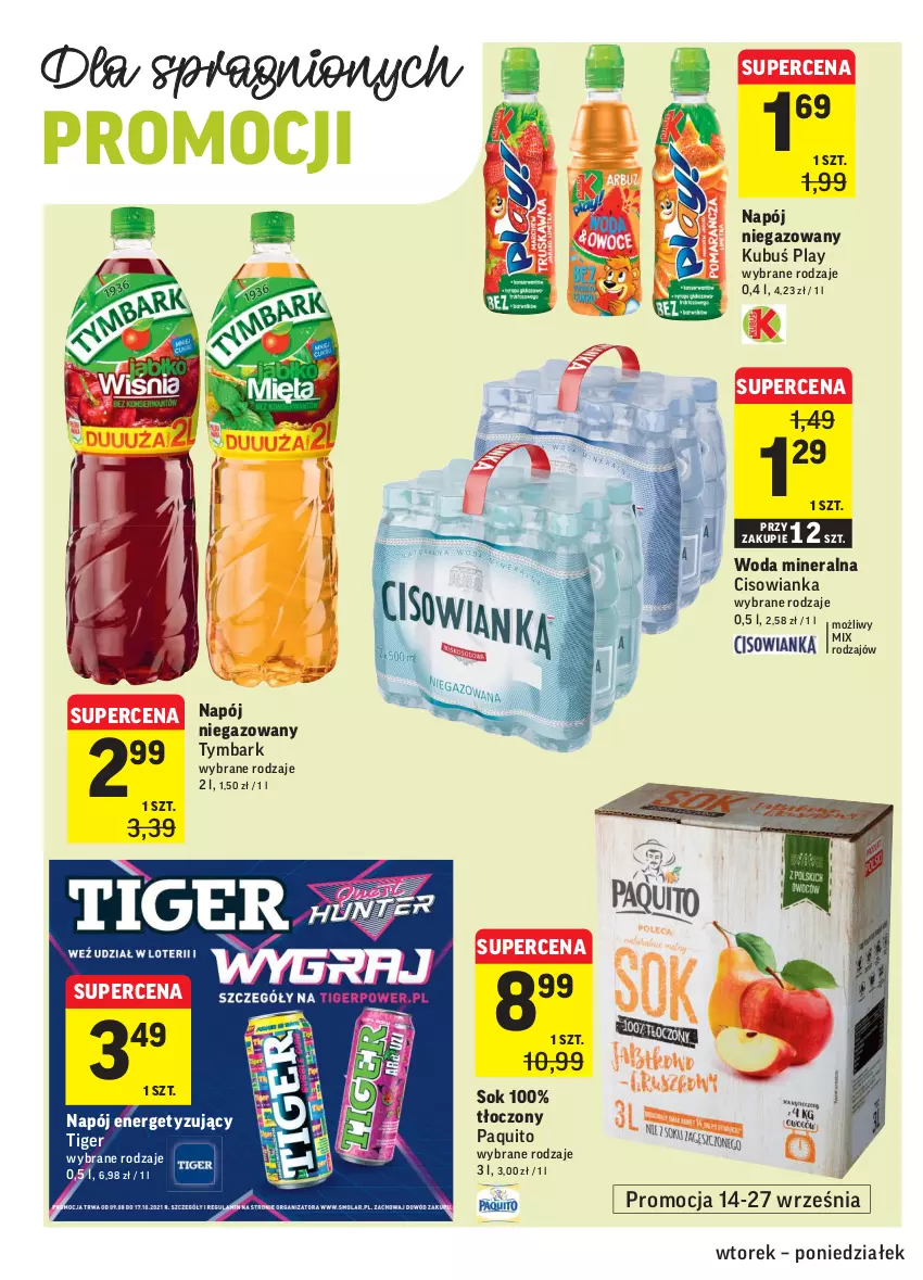 Gazetka promocyjna Intermarche - Gazetka promocyjna - ważna 14.09 do 20.09.2021 - strona 26 - produkty: Cisowianka, Kubuś, Napój, Napój niegazowany, Sok, Tiger, Tymbark, Woda, Woda mineralna