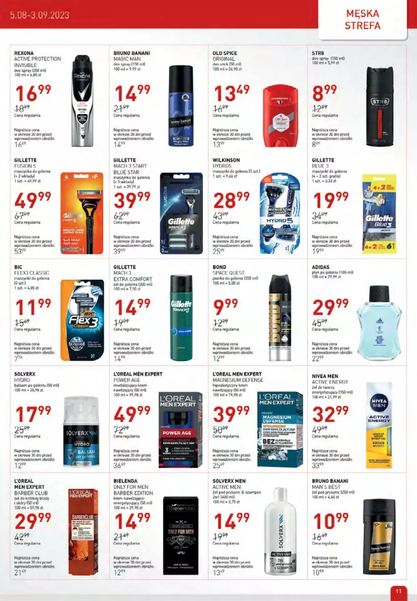 Gazetka promocyjna Drogerie Jawa - ważna 05.08 do 03.09.2023 - strona 11 - produkty: Adidas, Balsam po goleniu, BIC, Bielenda, Bruno Banani, Fa, Fusion, Gillette, Gin, Gra, Krem nawilżający, Kret, Maszynka, Maszynka do golenia, Nivea, Nivea Men, Old Spice, Pianka do golenia, Rexona, Szampon, Szynka