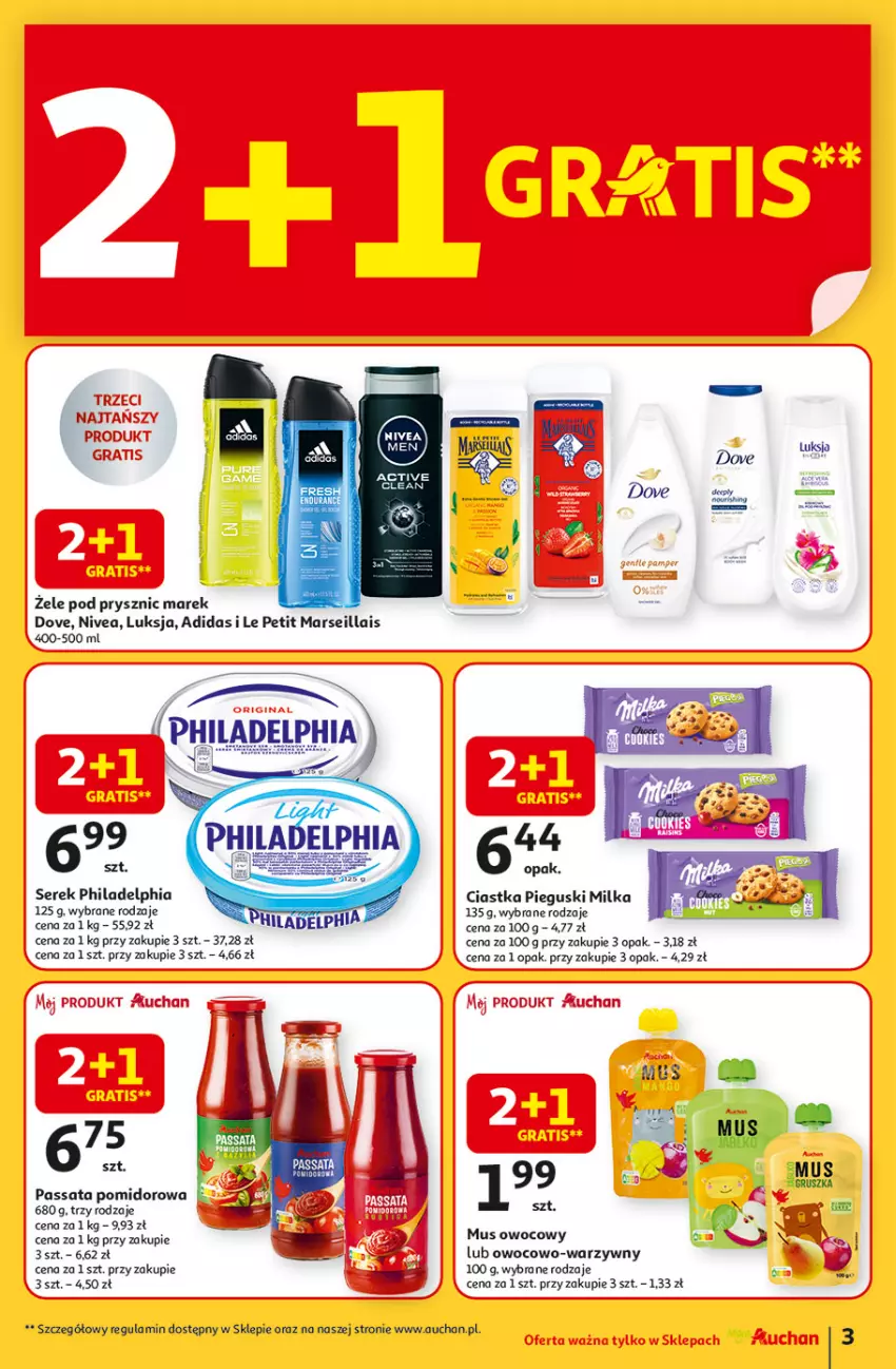 Gazetka promocyjna Auchan - LATO FIRST MINUTE Moje - ważna 05.06 do 11.06.2025 - strona 3 - produkty: Adidas, Ciastka, Dove, Luksja, Mars, Milka, Mus, Nivea, Philadelphia, Ser, Serek