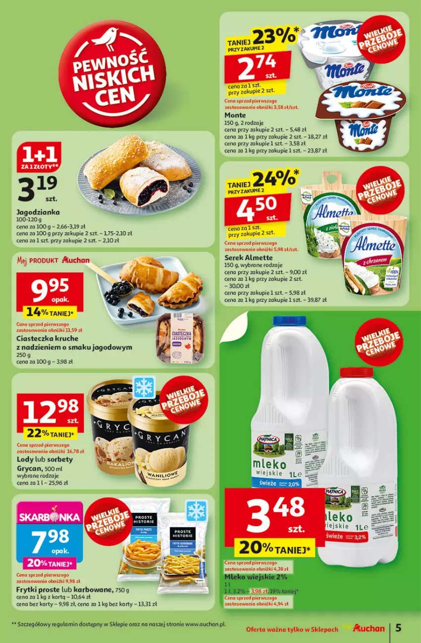 Gazetka promocyjna Auchan - LATO FIRST MINUTE Moje - ważna 05.06 do 11.06.2025 - strona 7 - produkty: Almette, Frytki, Gry, Jagodzianka, Lody, Monte, Ser, Serek