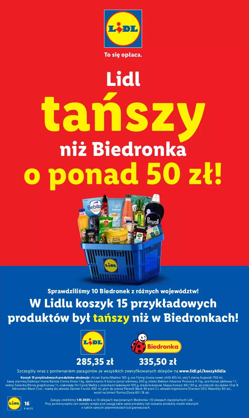 Gazetka promocyjna Lidl - GAZETKA - ważna 27.10 do 29.10.2025 - strona 18 - produkty: BEBILON, Chrzan, Dallmayr, Discreet, Dżem, Fructis, Garnier, Gra, Grejpfrut, Hortex, Kawa, Kokos, Kosz, Kujawski, Lack, Mleko, Mleko Bebilon, Nektar, Olej, Perwoll, Płyn do prania, Por, Pur, Rama, Sok, Sos, Wkładki, Worki na śmiec, Worki na śmieci