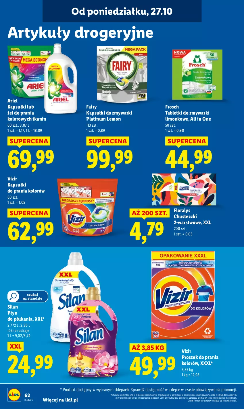 Gazetka promocyjna Lidl - GAZETKA - ważna 27.10 do 29.10.2025 - strona 66 - produkty: Ariel, Chusteczki, Fa, Fairy, Flora, Frosch, Kapsułki do prania, Płyn do płukania, Proszek do prania, Silan, Tablet, Tabletki do zmywarki, Vizir, Zmywarki