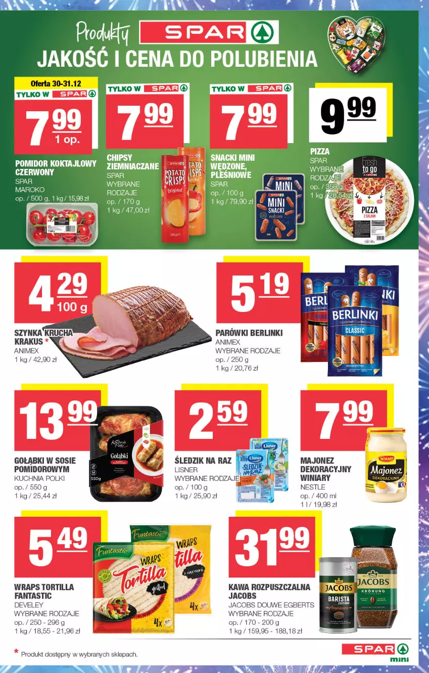 Gazetka promocyjna Spar - Spar-Mini - ważna 27.12.2024 do 06.01.2025 - strona 3 - produkty: Berlinki, Fa, Fanta, Jacobs, Kawa, Kawa rozpuszczalna, Krakus, Kuchnia, Lisner, Majonez, Parówki, Sos, Szynka, Tortilla, Winiary