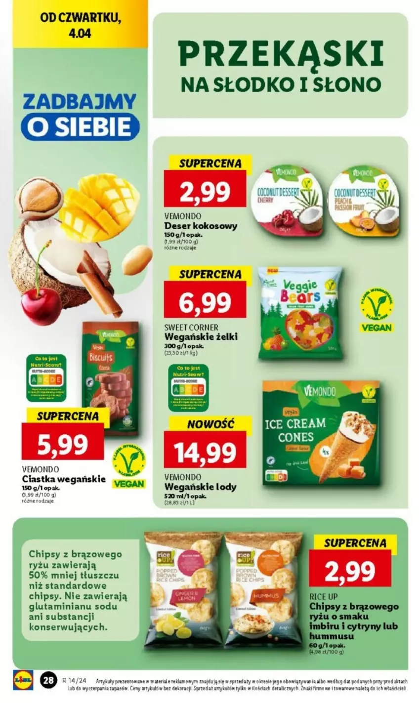 Gazetka promocyjna Lidl - ważna 03.04 do 04.04.2024 - strona 28 - produkty: Chipsy, Ciastka, Deser, Kokos, Lody, Ryż, Ser