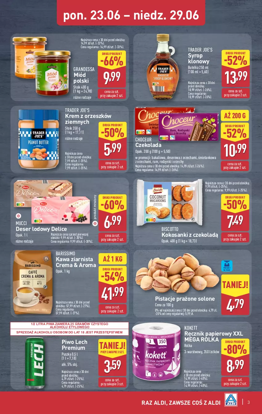 Gazetka promocyjna Aldi - Oferta weekendowa - ważna 26.06 do 29.06.2025 - strona 3 - produkty: Czekolada, Deser, Gra, Kawa, Kawa ziarnista, Kokos, Lech Premium, Miód, Papier, Pistacje, Piwa, Piwo, Ręcznik, Rodzynki, Rum, Sanki, Ser, Syrop