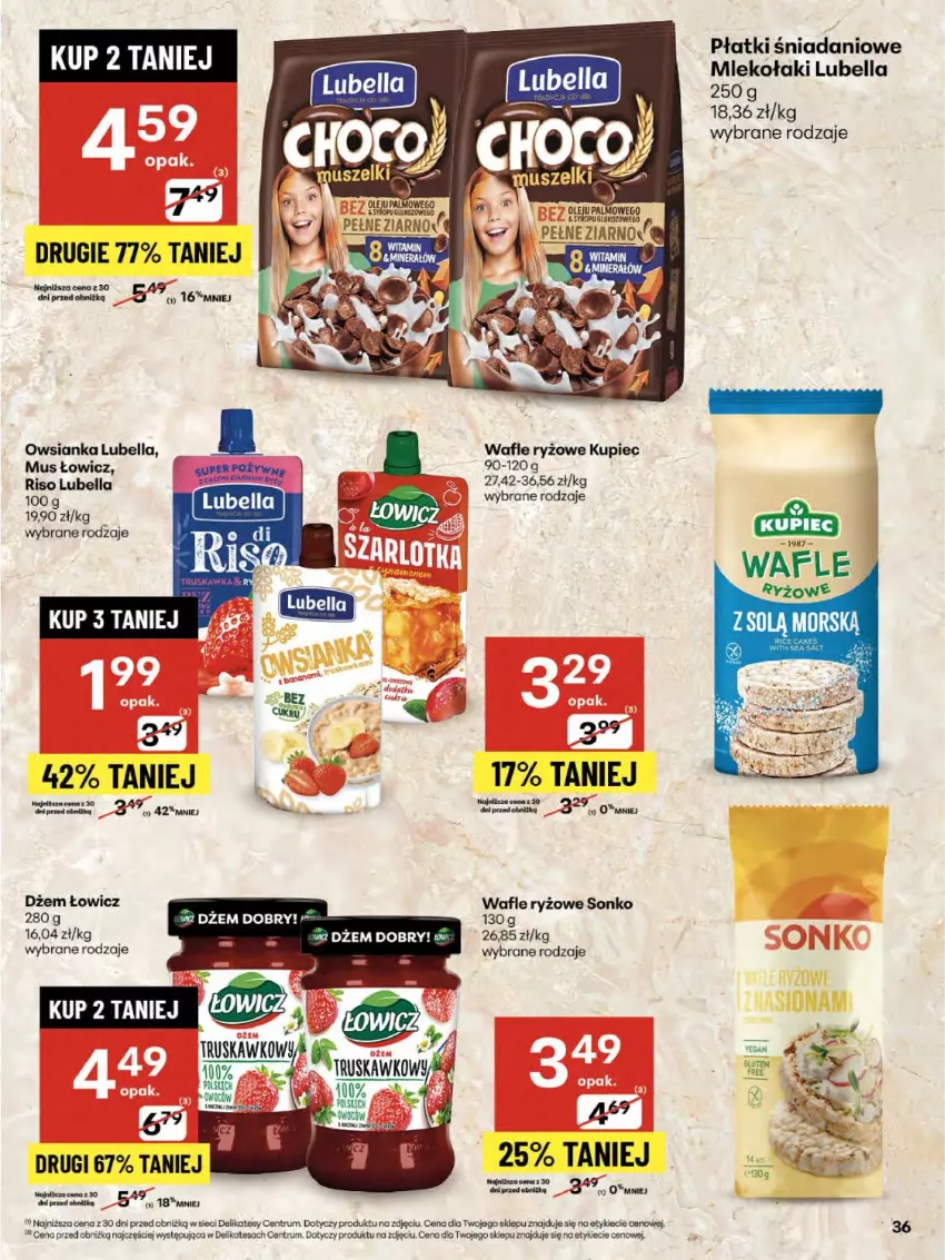 Gazetka promocyjna Delikatesy Centrum - Franczyza DC31 Czwartek - ważna 31.07 do 06.08.2025 - strona 36 - produkty: Bell, Bella, Danio, Dżem, Kupiec, Lubella, Mleko, Mus, Owsianka, Piec, Rum, Ryż, Sonko, Wafle