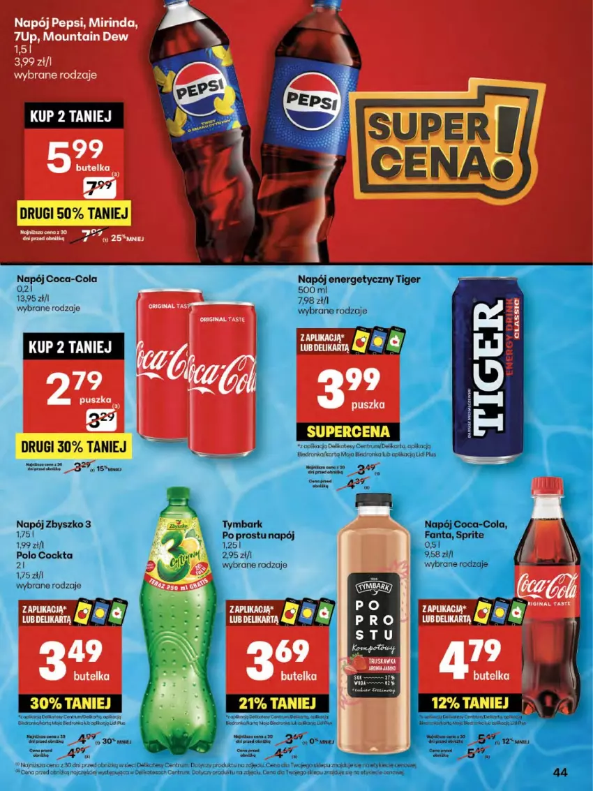 Gazetka promocyjna Delikatesy Centrum - Franczyza DC31 Czwartek - ważna 31.07 do 06.08.2025 - strona 44 - produkty: 7up, Coca-Cola, Fa, Fanta, Gin, Koc, Mirinda, Moda, Napój, Napój energetyczny, Orka, Pepsi, Piwo, Rum, Sprite, Tiger, Tymbark, Woda