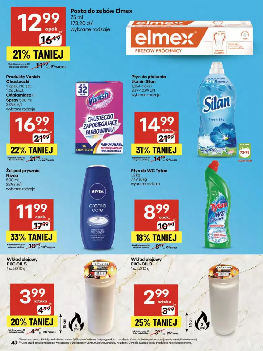 Gazetka promocyjna Delikatesy Centrum - Franczyza DC31 Czwartek - ważna 31.07 do 06.08.2025 - strona 49 - produkty: Chusteczki, Elmex, Nivea, Odplamiacz, Olej, Pasta do zębów, Płyn do płukania, Płyn do wc, Rum, Silan, Tytan, Vanish, Wkład olejowy