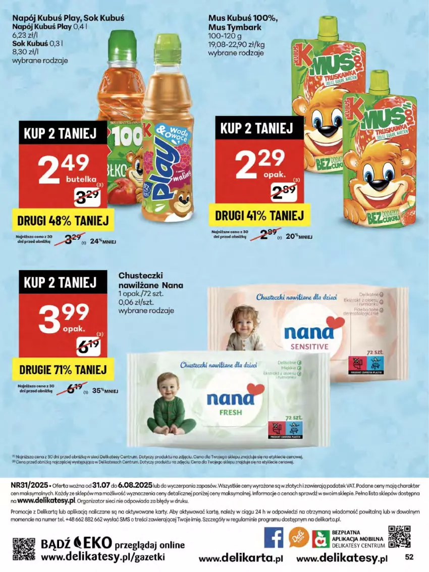 Gazetka promocyjna Delikatesy Centrum - Franczyza DC31 Czwartek - ważna 31.07 do 06.08.2025 - strona 52 - produkty: Chusteczki, Dzieci, Gra, Kubuś, Mobil, Mus, Napój, Rum, Ser, Sok, Tymbark