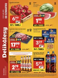 Gazetka promocyjna Delikatesy Centrum - Franczyza DC31 Czwartek - Gazetka - ważna od 06.08 do 06.08.2025 - strona 1 - produkty: Piwa, Piwo, Piec, Sok, Rum, Koc, Gra, 7up, Rama, Brit, Papryka czerwona, Parówki, Papryka, Karkówka wieprzowa, Mirinda, Tyskie, Tran, Pepsi, Morliny, Arbuz, Napój, Berlinki, Fa