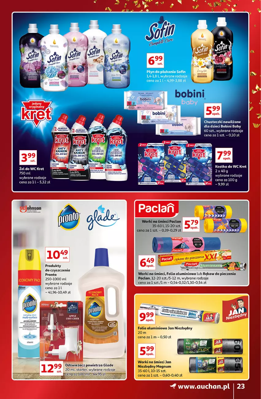 Gazetka promocyjna Auchan - Gazetka Znane Marki Lubiane Auchan - ważna 01.12 do 11.12.2022 - strona 23 - produkty: Chusteczki, Folia aluminiowa, Jan Niezbędny, Kostka do wc, Kret, Odświeżacz powietrza, Piec, Płyn do płukania, Pronto, Rękaw do pieczenia, Worki na śmiec, Worki na śmieci