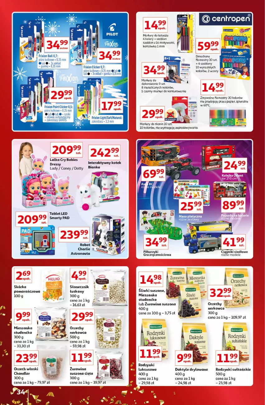 Gazetka promocyjna Auchan - Gazetka Znane Marki Lubiane Auchan - ważna 01.12 do 11.12.2022 - strona 34 - produkty: Bianka, Daktyle, Dres, Flamastry, Gra, Kotek, Lalka, Marker, Mieszanka studencka, Papier, Piłkarzyki, Rodzynki, Tablet, Tera