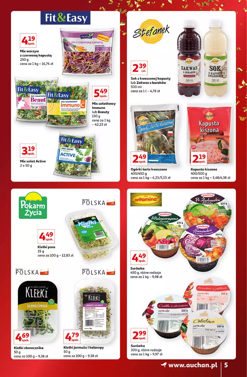 Gazetka promocyjna Auchan - Gazetka Znane Marki Lubiane Auchan - ważna 01.12 do 11.12.2022 - strona 5 - produkty: Jarmuż, Kapustą, Kiełki, Por, Sałat, Sok, Surówka