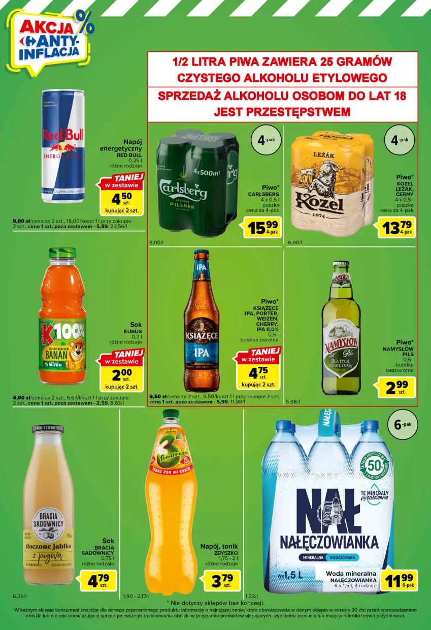 Gazetka promocyjna Carrefour - Gazetka Express - ważna 07.02 do 13.02.2023 - strona 4 - produkty: Carlsberg, Kosz, Kozel, Książęce, Kubuś, Namysłów, Napój, Napój energetyczny, Piwo, Por, Red Bull, Sok, Tonik