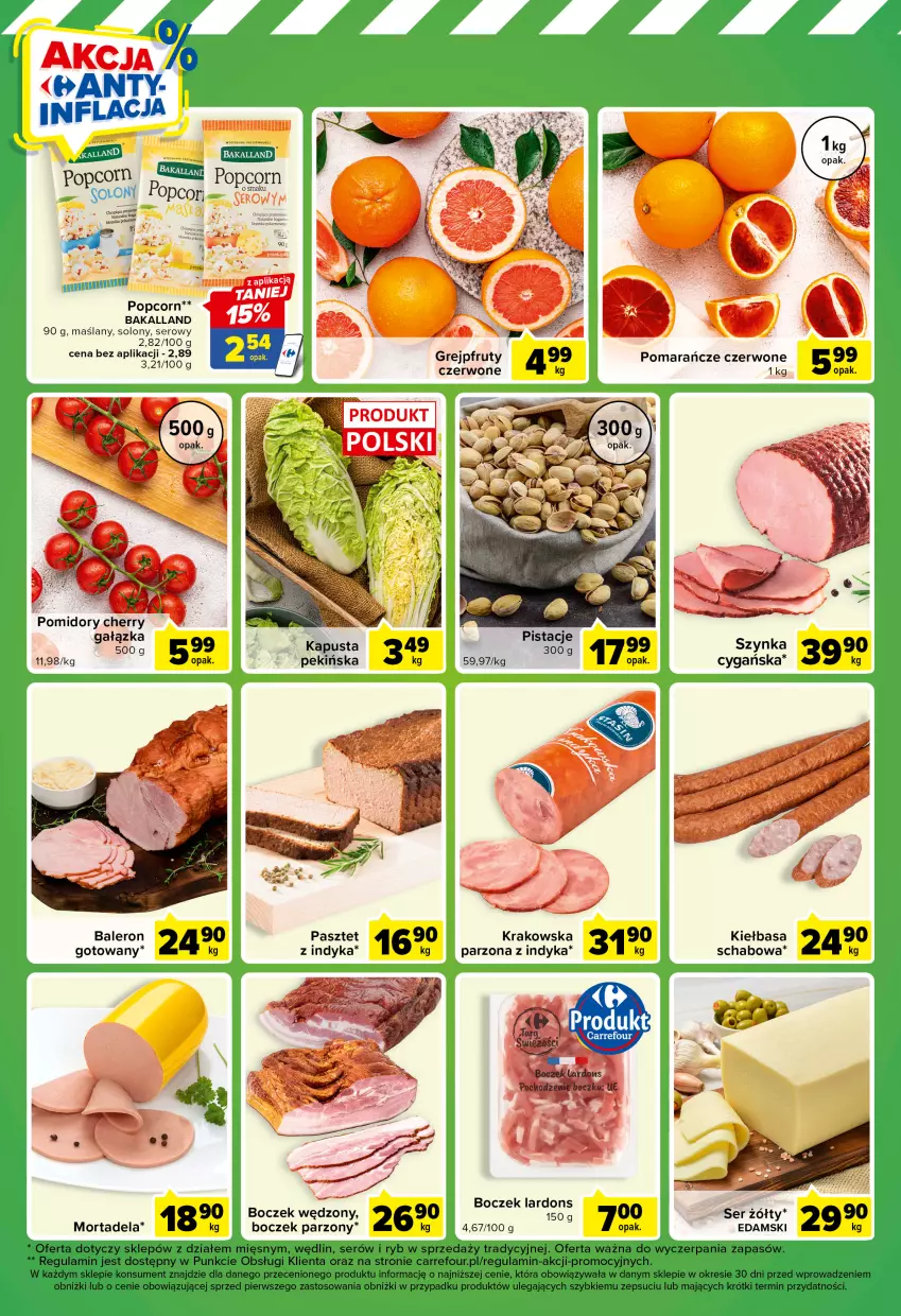 Gazetka promocyjna Carrefour - Gazetka Express - ważna 07.02 do 13.02.2023 - strona 5 - produkty: Bakalland, Boczek, Edam, Grejpfrut, Kiełbasa, Pasztet, Pistacje, Pomarańcze, Pomidory, Popcorn, Ser, Szynka