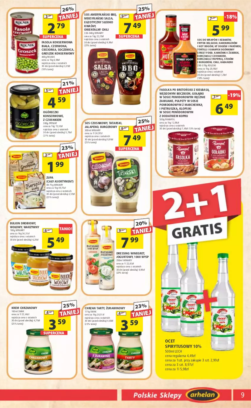 Gazetka promocyjna Arhelan - Gazetka - ważna 28.07 do 06.08.2023 - strona 9 - produkty: Bulion, Burger, Chrzan, Cieciorka, Dres, Fa, Fasola, Groszek, Hamburger, Hot dog, Jogurt, Kebab, Klopsiki, Kurczak, LG, Lion, Ocet, Orka, Prymat, Pulpety, Rolnik, Salsa, Ser, Sos, Sos czosnkowy, Stek, Winiary, Wino, Zupa