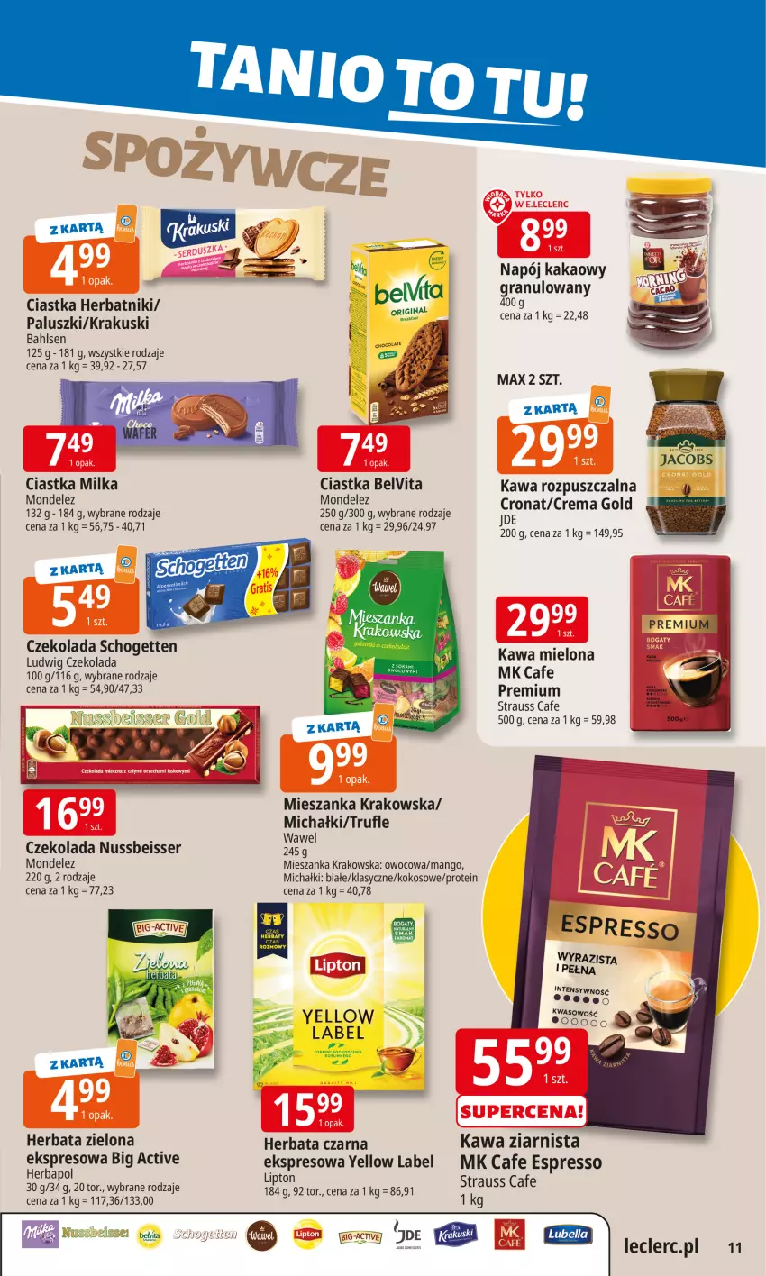 Gazetka promocyjna E Leclerc - ważna 02.02 do 09.01.2026 - strona 11 - produkty: BelVita, Ciastka, Czekolada, Gra, Herbapol, Herbata, Herbata czarna, Herbatniki, Kakao, Kawa, Kawa mielona, Kawa rozpuszczalna, Kawa ziarnista, Kokos, Krakus, Krakuski, Lipton, Mango, Michałki, Milka, Napój, Schogetten, Ser, Wawel