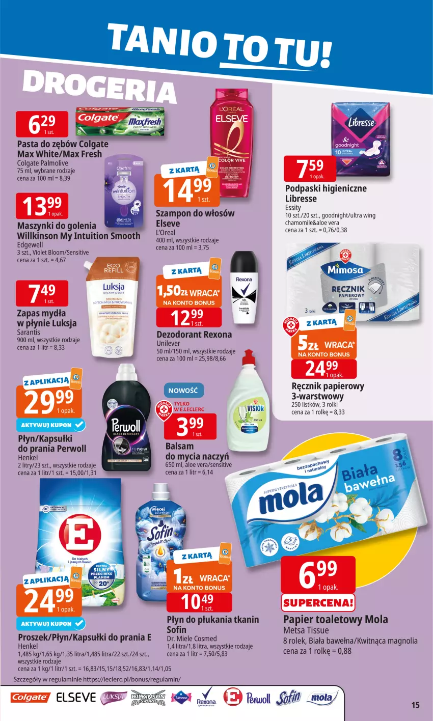 Gazetka promocyjna E Leclerc - ważna 02.02 do 09.01.2026 - strona 15 - produkty: Aloe vera, Colgate, Dezodorant, Do mycia naczyń, Elseve, Kapsułki do prania, LG, Luksja, Mola, Palmolive, Papier, Papier toaletowy, Pasta do zębów, Perwoll, Płyn do płukania, Podpaski, Ręcznik, Rexona, Rolki, Szampon, Wełna