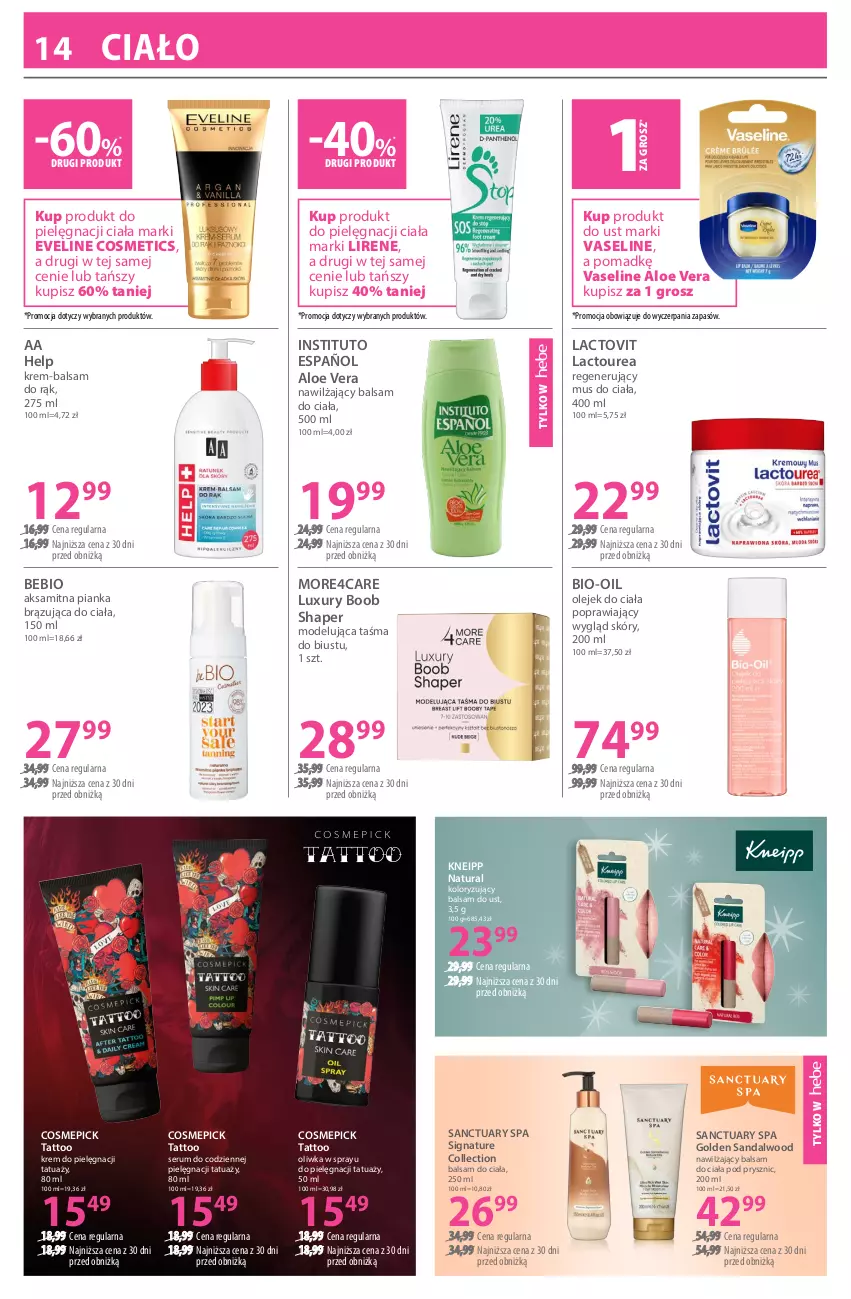 Gazetka promocyjna Hebe - Gazetka - ważna 17.02 do 03.03.2026 - strona 14 - produkty: Aksam, Aloe vera, Balsam do ciała, Balsam do ust, Bio-Oil, Eveline, Kneipp, Lirene, Mus, Nawilżający balsam, Olej, Olejek do ciała, Rum, Sanctuary Spa, Ser, Serum