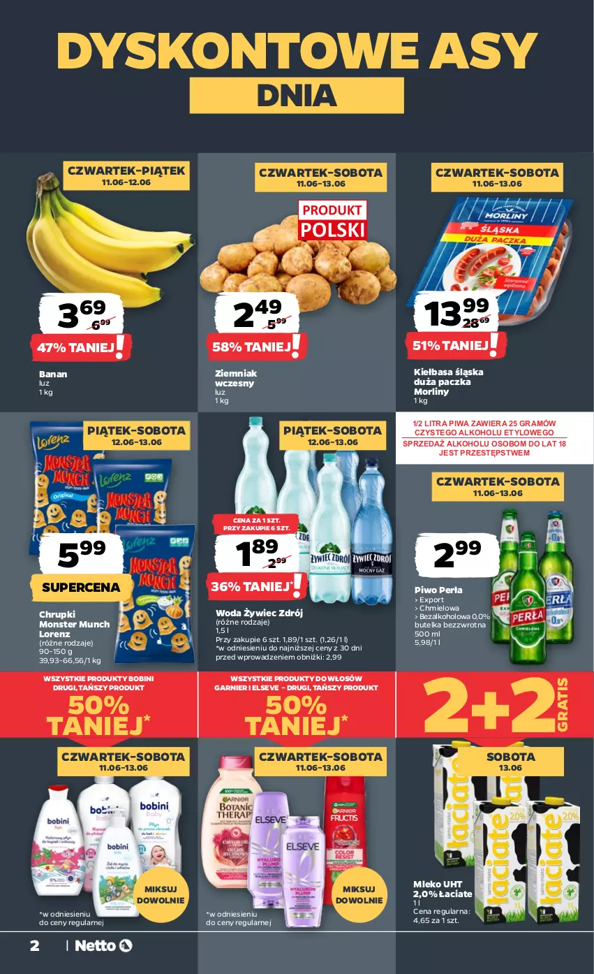 Gazetka promocyjna Netto - Od Czwartku - ważna 11.06 do 13.06.2026 - strona 2 - produkty: Chrupki, Elseve, Garnier, Gra, Kiełbasa, Kiełbasa śląska, Lorenz, Mleko, Monster Munch, Morliny, Perła, Piwa, Piwo, Por, Woda