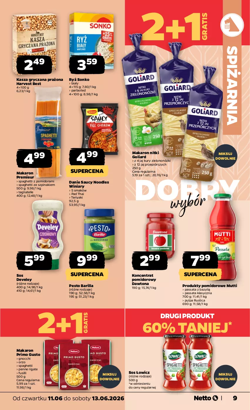 Gazetka promocyjna Netto - Od Czwartku - ważna 11.06 do 13.06.2026 - strona 9 - produkty: Barilla, Bazyl, Dawtona, Gnocchi, Goliard, Gra, Gry, Kasza, Kasza gryczana, Koncentrat pomidorowy, Makaron, Penne, Pesto, Rust, Ryż, Sonko, Sos, Spaghetti, Szpinak, Tagliatelle, Winiary