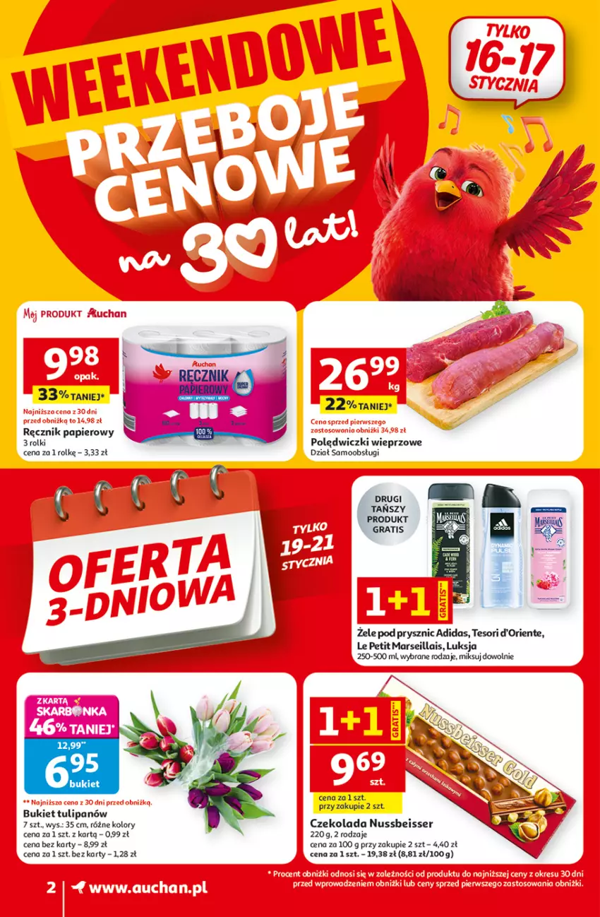 Gazetka promocyjna Auchan - 30 Lat Supermarket Auchan Franczyza - ważna 15.01 do 21.01.2026 - strona 2 - produkty: Adidas, Bukiet, Czekolada, Gra, Luksja, Mars, Papier, Ręcznik, Rolki, Ser, Tulipan