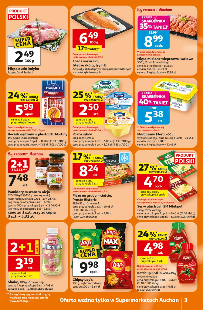 Gazetka promocyjna Auchan - 30 Lat Supermarket Auchan Franczyza - ważna 15.01 do 21.01.2026 - strona 3 - produkty: Boczek, Chipsy, Flora, Ketchup, Kotlin, Margaryna, Mięso, Mięso mielone, Morliny, Olej, Pizza, Pomidory, Ser