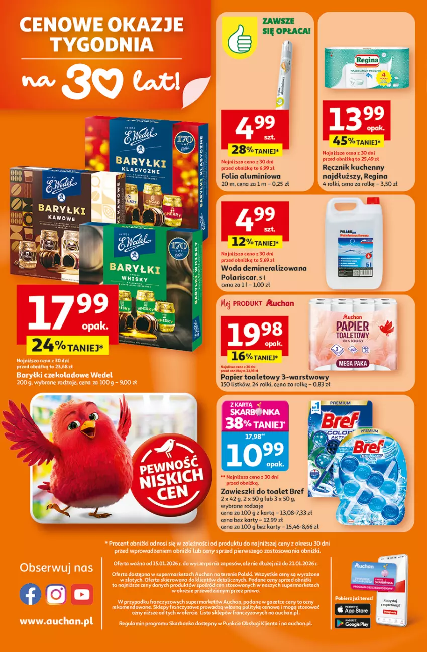Gazetka promocyjna Auchan - 30 Lat Supermarket Auchan Franczyza - ważna 15.01 do 21.01.2026 - strona 4 - produkty: Bref, Folia aluminiowa, Gin, Papier, Papier toaletowy, Ręcznik, Ręcznik kuchenny, Rolki, Woda, Zawieszki