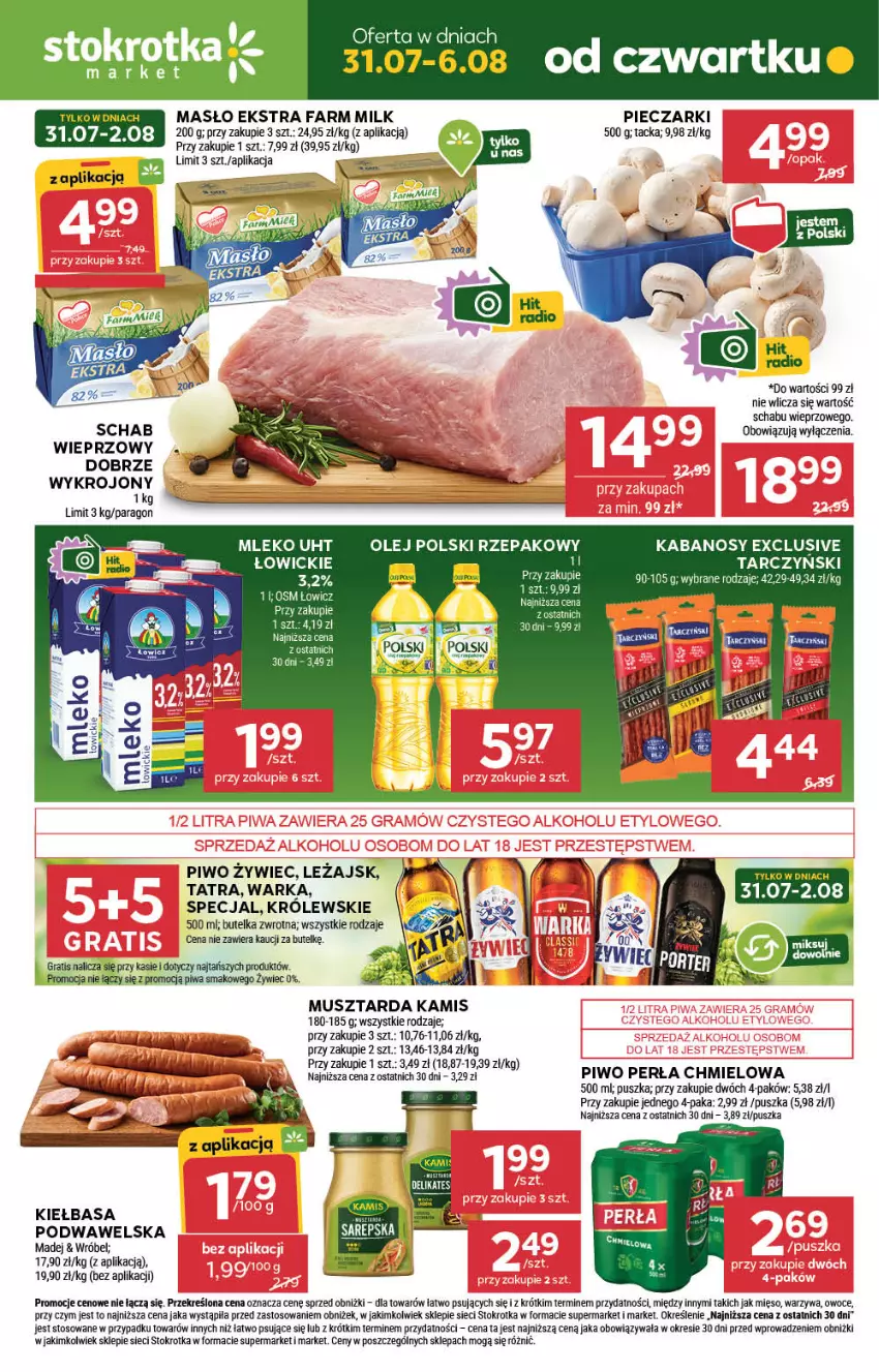Gazetka promocyjna Stokrotka - Market - ważna 31.07 do 06.08.2025 - strona 1 - produkty: Fa, Farm Milk, Kabanos, Kamis, Kiełbasa, Kiełbasa podwawelska, Królewski, Masło, Mięso, Mleko, Mus, Musztarda, Olej, Owoce, Perła, Piec, Piwa, Piwo, Tarczyński, Tatra, Warka, Warzywa, Wawel