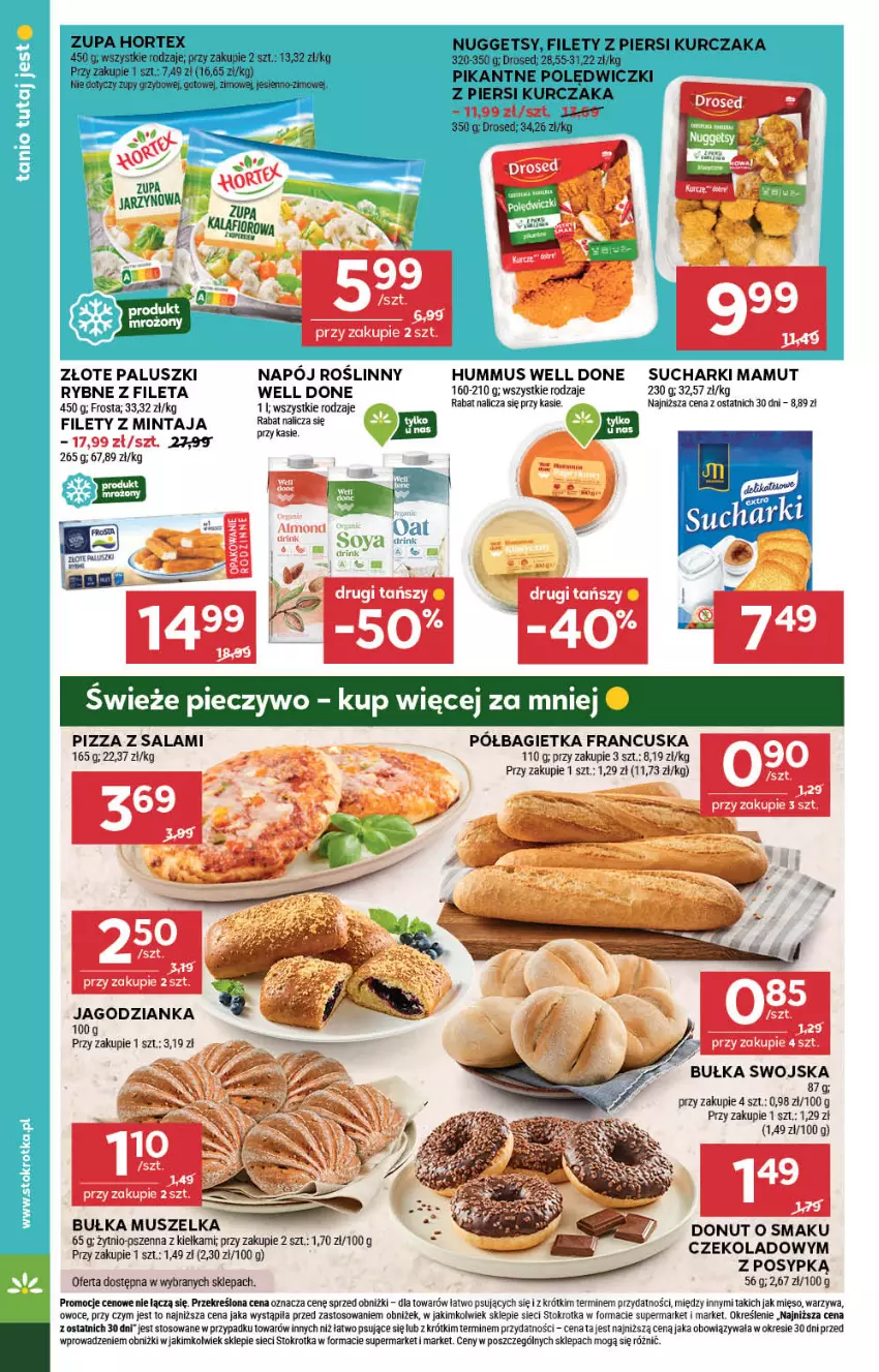 Gazetka promocyjna Stokrotka - Market - ważna 31.07 do 06.08.2025 - strona 12 - produkty: Bagietka, Bułka, Frosta, Hummus, Jagodzianka, Mięso, Mintaj, Mus, Napój, Napój roślinny, Owoce, Pizza, Półbagietka, Salami, Warzywa