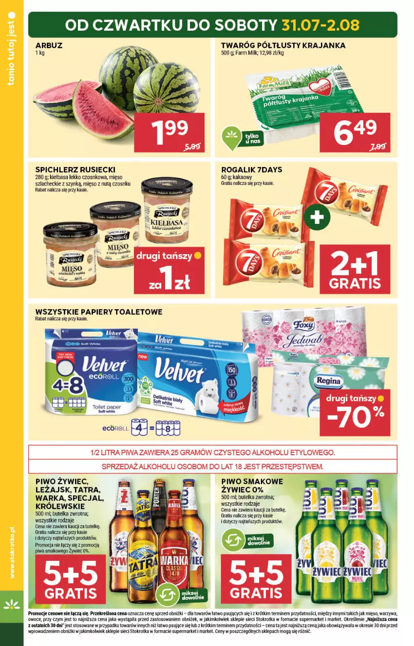 Gazetka promocyjna Stokrotka - Market - ważna 31.07 do 06.08.2025 - strona 2 - produkty: Fa, Farm Milk, Gra, Kakao, Kiełbasa, Królewski, Mięso, Owoce, Papier, Piwa, Piwo, Rogal, Spichlerz Rusiecki, Tatra, Twaróg, Twaróg półtłusty, Warka, Warzywa