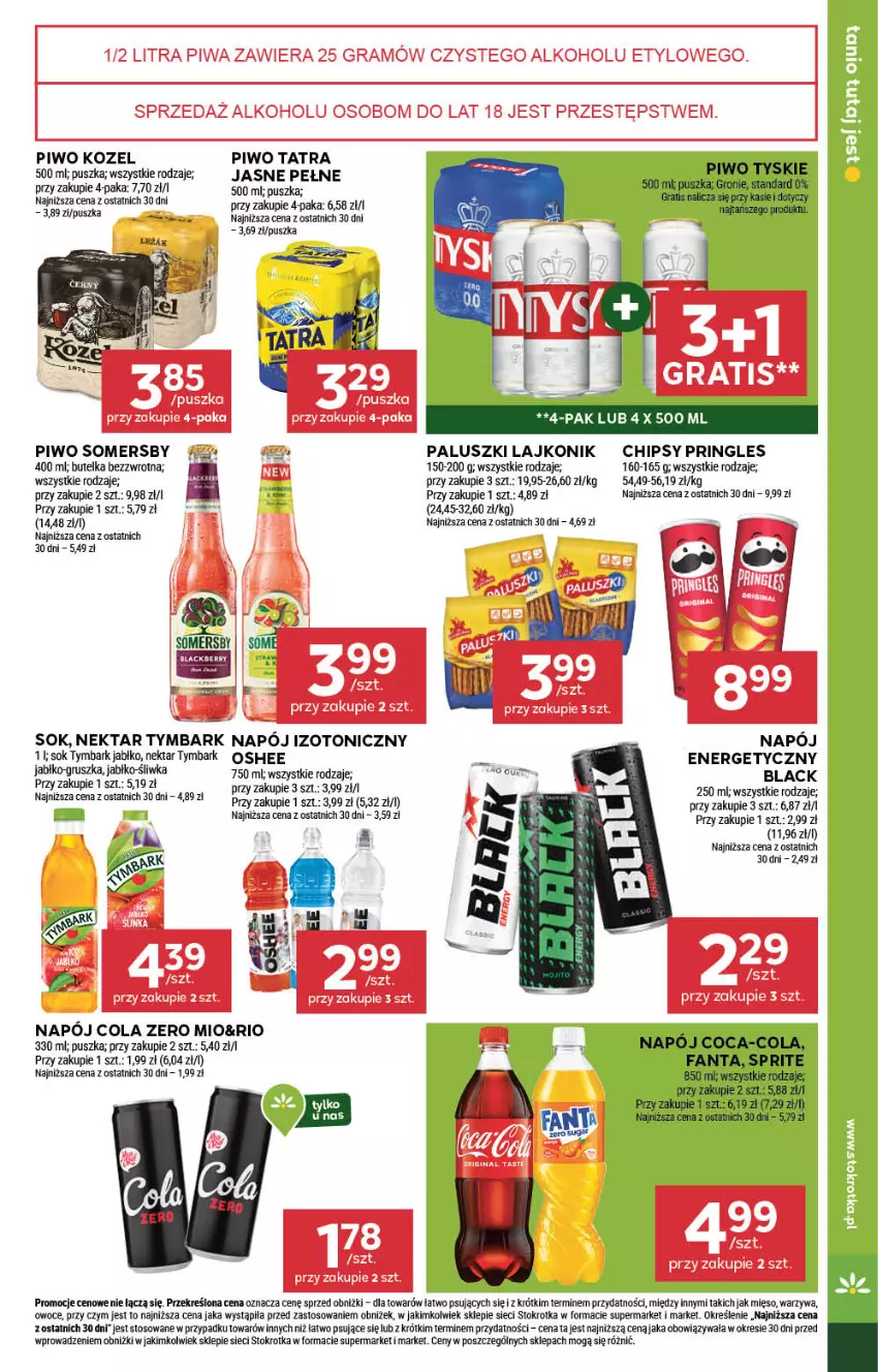 Gazetka promocyjna Stokrotka - Market - ważna 31.07 do 06.08.2025 - strona 21 - produkty: Chipsy, Coca-Cola, Fa, Fanta, Gra, Kozel, Lack, Lajkonik, Mięso, Napój, Napój izotoniczny, Nektar, Oshee, Owoce, Piwa, Piwo, Pringles, Sok, Somersby, Sprite, Tatra, Tymbark, Tyskie, Warzywa