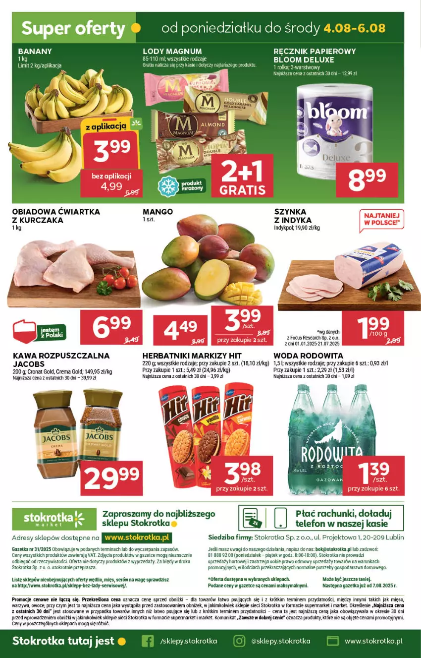Gazetka promocyjna Stokrotka - Market - ważna 31.07 do 06.08.2025 - strona 25 - produkty: Banany, Dres, Gra, Herbatniki, Jacobs, JBL, Kawa, Kawa rozpuszczalna, Kurczak, Lody, Mango, Mięso, O nas, Owoce, Papier, Ręcznik, Ser, Szynka, Telefon, Wagi, Warzywa, Woda