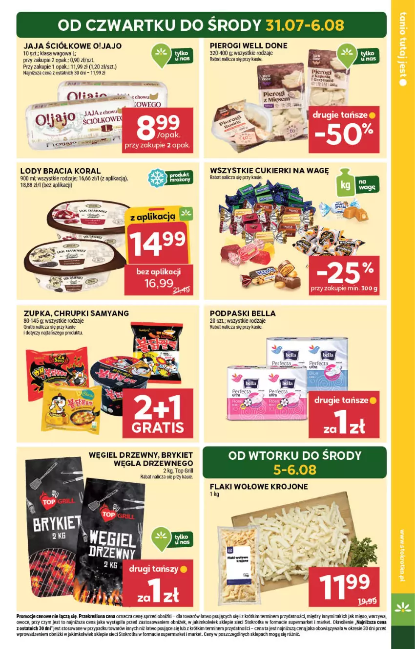 Gazetka promocyjna Stokrotka - Market - ważna 31.07 do 06.08.2025 - strona 3 - produkty: Bell, Bella, Chrupki, Cukier, Cukierki, Gra, Grill, Jaja, Kapustą, Lody, Mięso, Owoce, Perfecta, Pierogi, Podpaski, Top, Warzywa, Węgiel drzewny