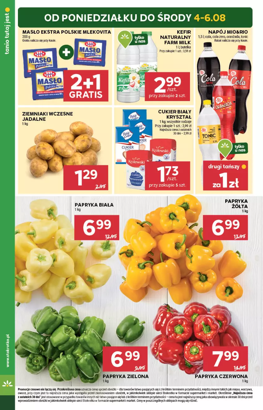 Gazetka promocyjna Stokrotka - Market - ważna 31.07 do 06.08.2025 - strona 4 - produkty: Cukier, Fa, Farm Milk, Gra, Kefir, Masło, Mięso, Mleko, Mlekovita, Napój, Oranżada, Owoce, Papryka, Papryka biała, Papryka czerwona, Warzywa, Ziemniaki