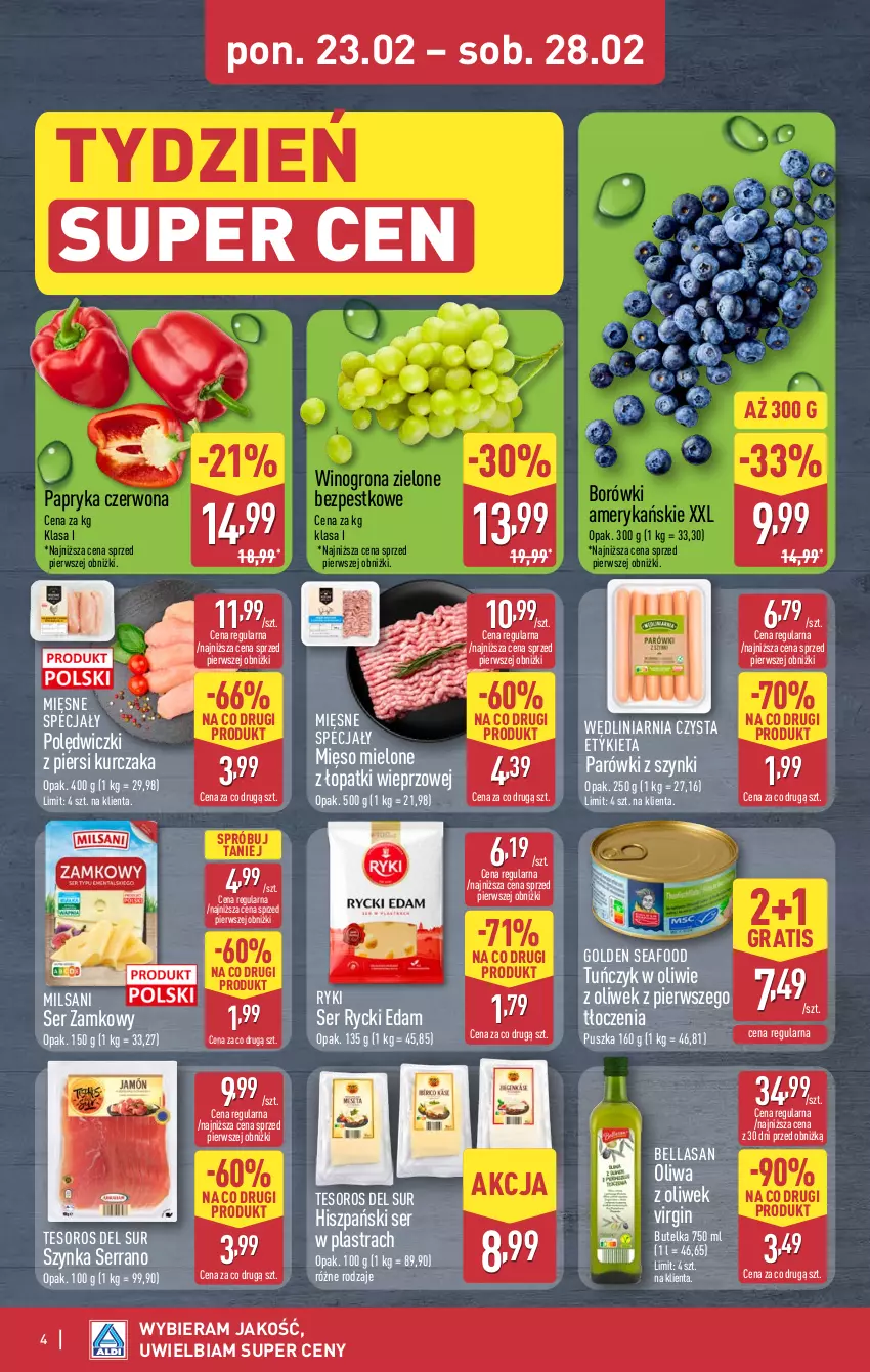Gazetka promocyjna Aldi - Oferta weekendowa - ważna 26.02 do 28.02.2026 - strona 4 - produkty: Bell, Bella, Edam, Gin, Golden Seafood, Gra, Kurczak, Mięsne specjały, Mięso, Mięso mielone, Mięso mielone z łopatki wieprzowej, Oliwa, Oliwa z oliwek, Papryka, Papryka czerwona, Parówki, Parówki z szynki, Rycki Edam, Ser, Szynka, Tuńczyk, Wino, Winogrona