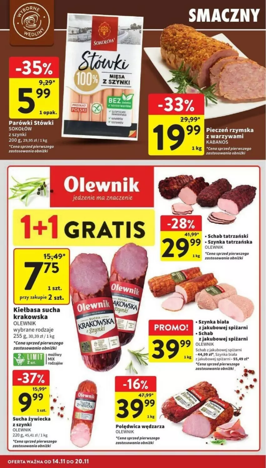 Gazetka promocyjna Intermarche - ważna 14.11 do 20.11.2024 - strona 13 - produkty: Fa, Kiełbasa, Olewnik, Parówki, Piec, Pieczeń rzymska, Polędwica, Sok, Sokołów, Szynka, Szynka biała, Warzywa