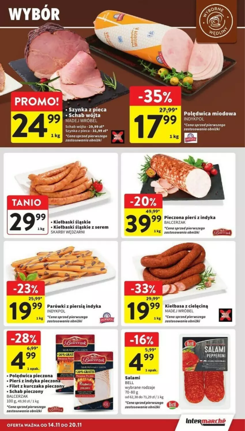 Gazetka promocyjna Intermarche - ważna 14.11 do 20.11.2024 - strona 14 - produkty: Bell, Kiełbasa, Kiełbaski śląskie, Kurczak, Madej Wróbel, Parówki, Piec, Polędwica, Salami, Schab pieczony, Ser, Szynka