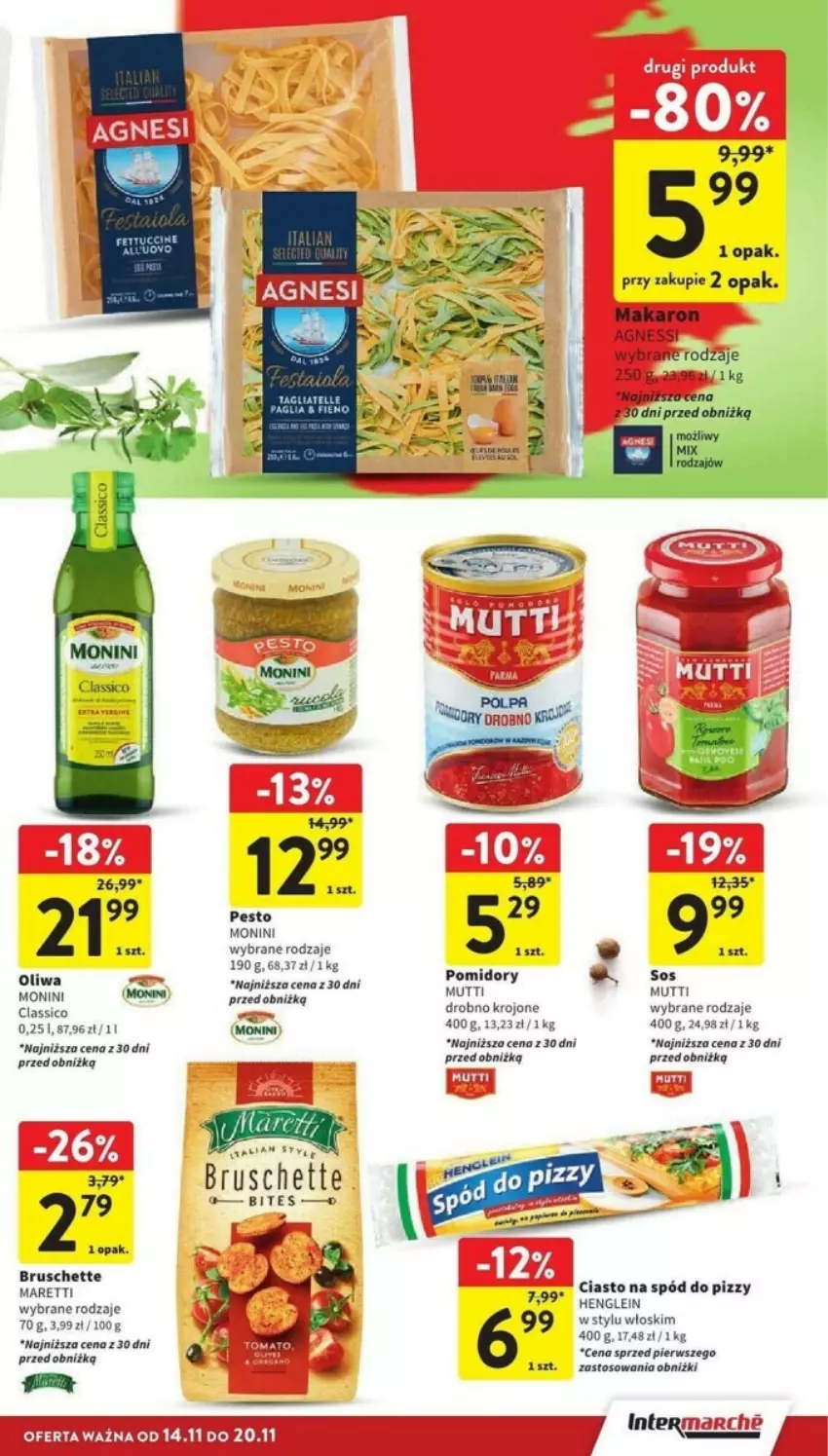 Gazetka promocyjna Intermarche - ważna 14.11 do 20.11.2024 - strona 22 - produkty: Bruschette, Makaron, Monini, Oliwa, Pesto, Pomidory, Sos, Spód do pizzy