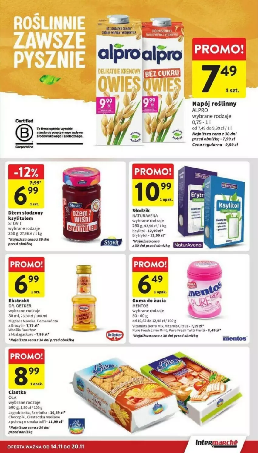 Gazetka promocyjna Intermarche - ważna 14.11 do 20.11.2024 - strona 27 - produkty: Alpro, Bourbon, Ciastka, Dr. Oetker, Dżem, Guma do żucia, Jagodzianka, Ksylitol, Mentos, Napój, Napój roślinny, Pur, Szarlotka