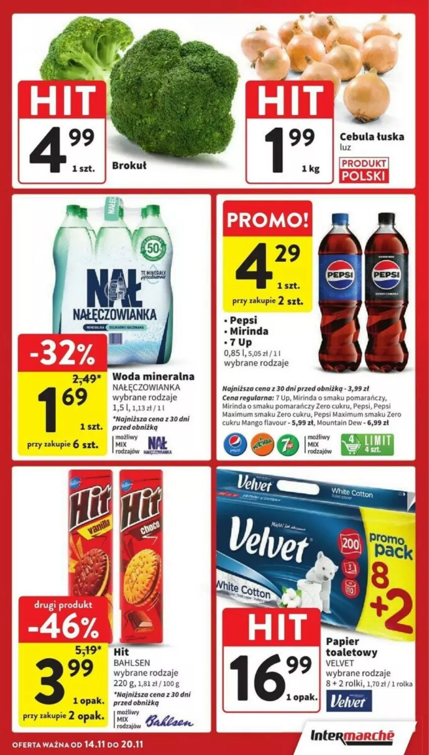 Gazetka promocyjna Intermarche - ważna 14.11 do 20.11.2024 - strona 44 - produkty: Mango, Mirinda, Nałęczowianka, Papier, Papier toaletowy, Pepsi, Pepsi max, Rolki, Velvet, Woda, Woda mineralna