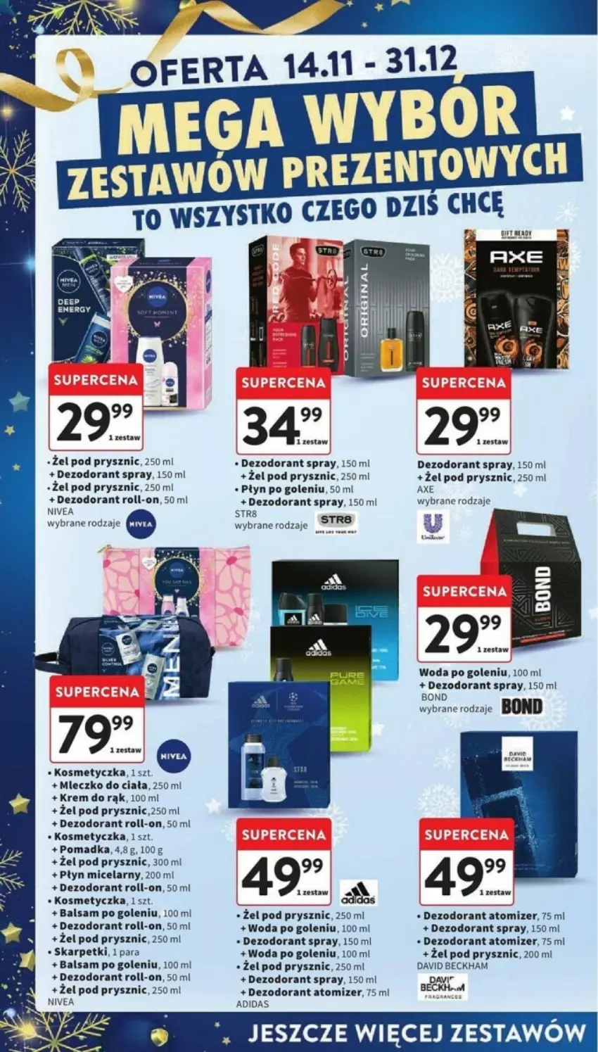 Gazetka promocyjna Intermarche - ważna 14.11 do 20.11.2024 - strona 47 - produkty: Adidas, Balsam po goleniu, David Beckham, Dezodorant, Karp, Kosmetyczka, Krem do rąk, Mleczko, Mleczko do ciała, Nivea, Płyn micelarny, Skarpetki, Str8, Woda, Woda po goleniu